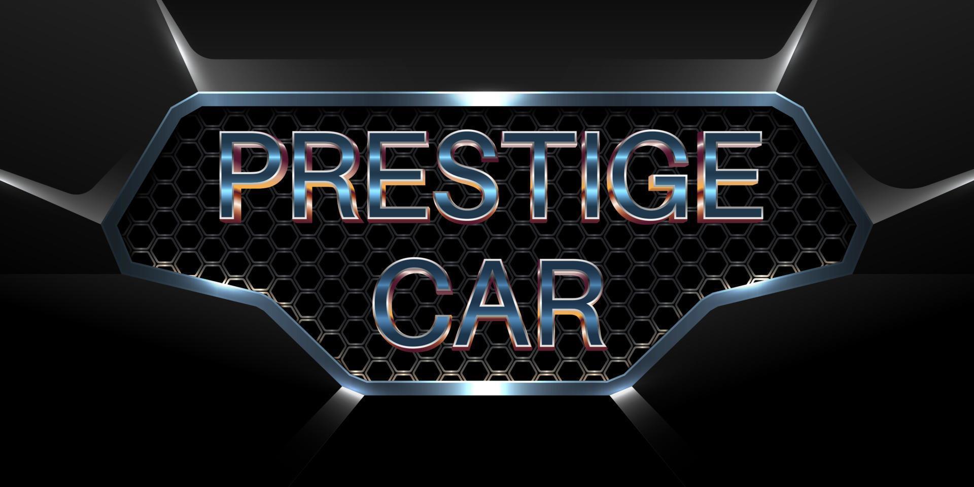Logotipo de coche de prestigio efecto de texto en 3d con parrilla de coche metálica brillante vector