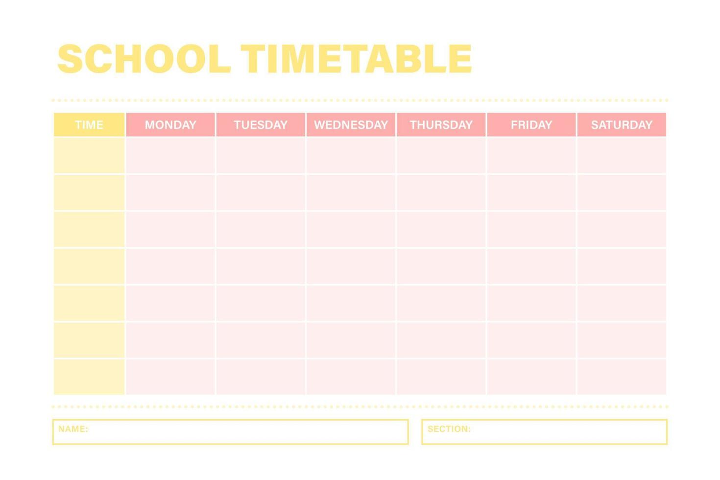 plantilla de vector de horario escolar rosa y amarillo