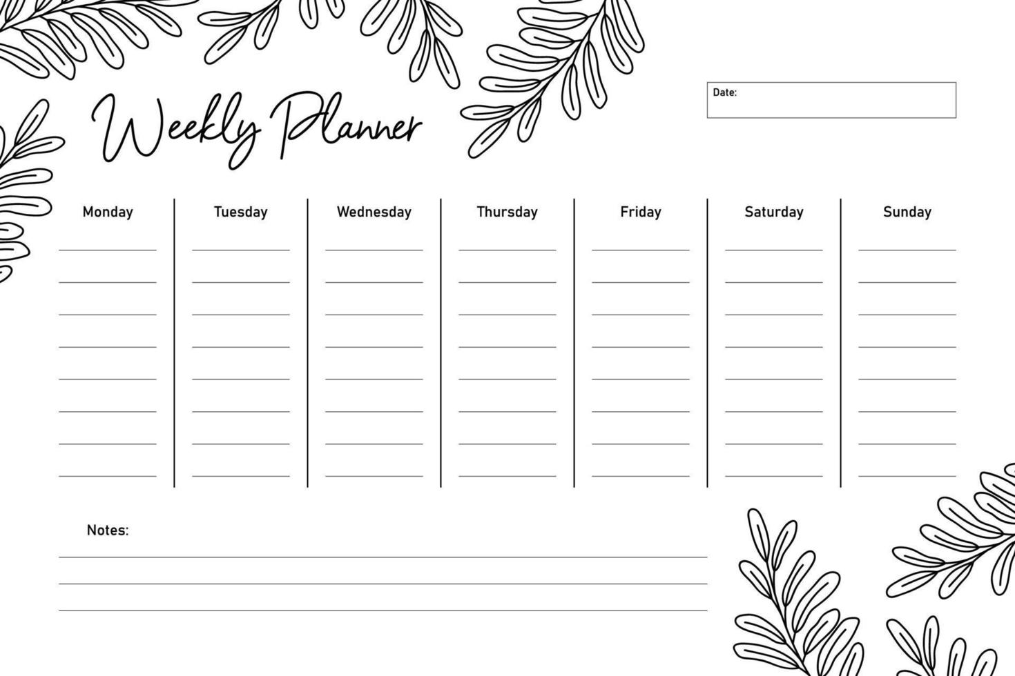 plantilla de planificador semanal floral en blanco y negro vector