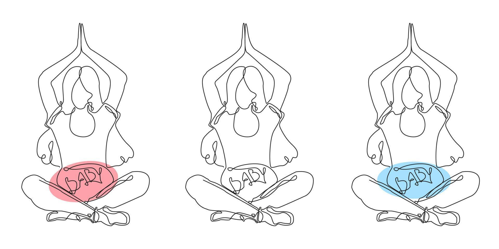 una sola línea continua de dibujo embarazada, saludable, madre, deporte, yoga, entrenamiento, gimnasia. ilustración aislada un fondo blanco. vector