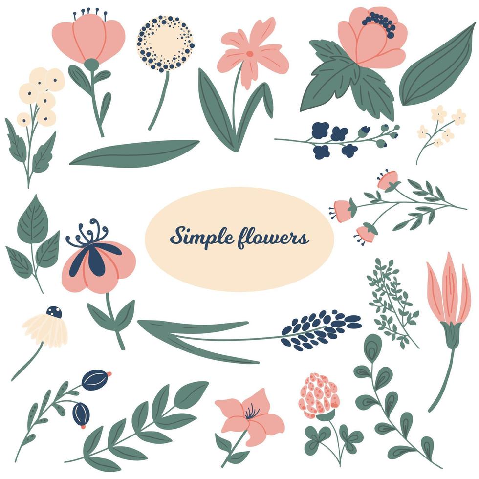 conjunto de formas dibujadas a mano y elementos de diseño de garabatos. flores y plantas perfecto para carteles, publicaciones de instagram, pegatinas. conjunto de elementos florales y herbáceos, signos e iconos ecológicos vector