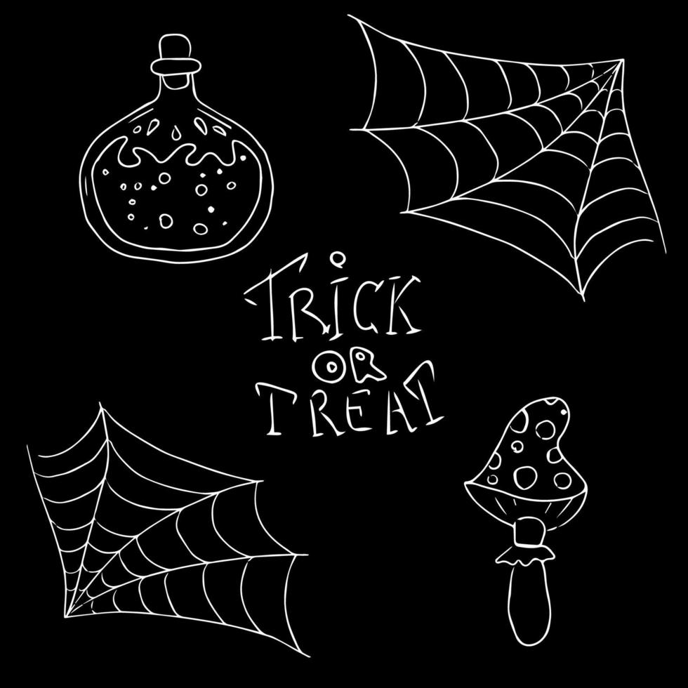 Halloween in sketch style on black background. spider web, fly agaric, potion. Festive decoration, greeting card, invitation. vector