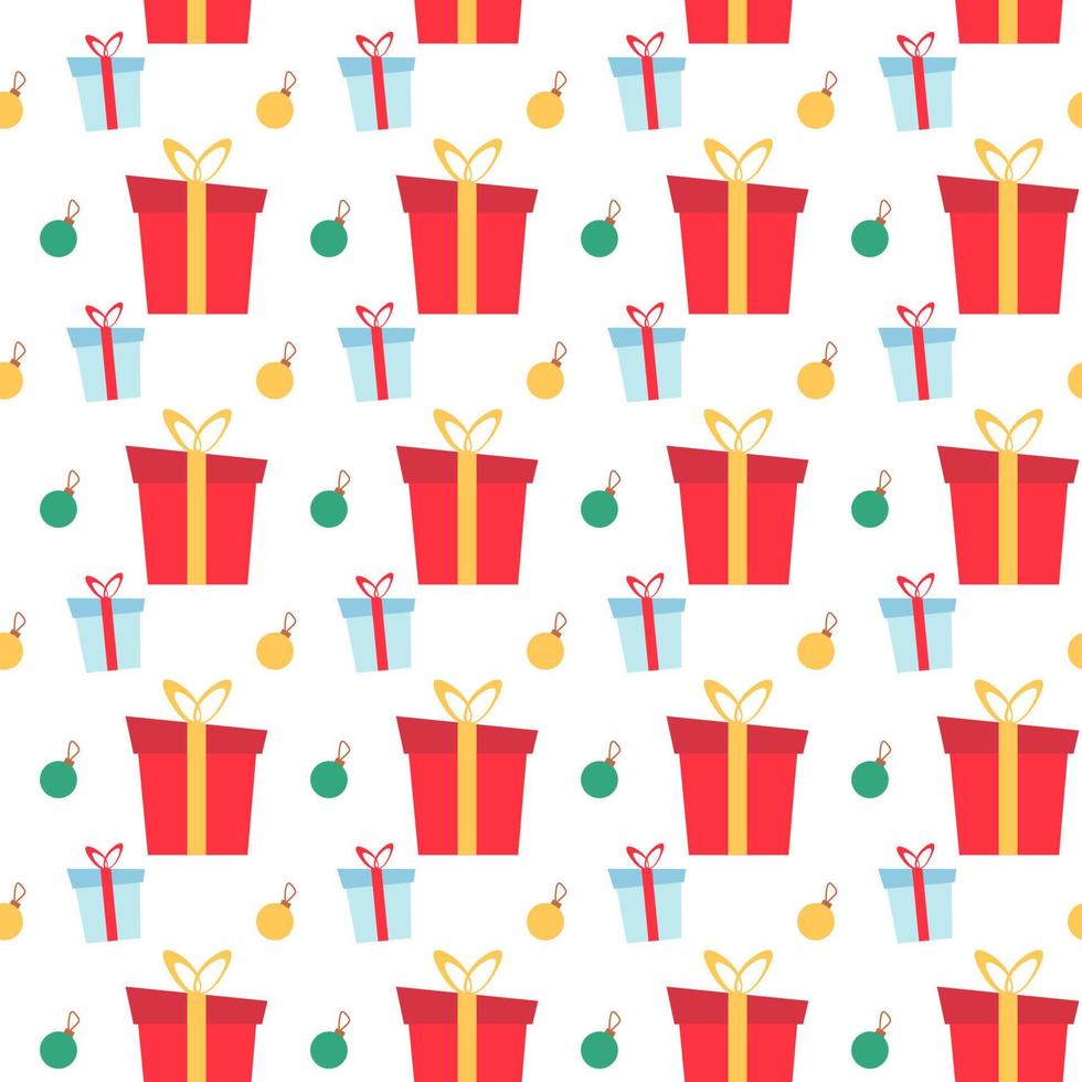 Seamless pattern for christmas. Gift boxes and Christmas balls on a white background. Design for textiles, tapestries, gift wrapping, scrapbooking. vector