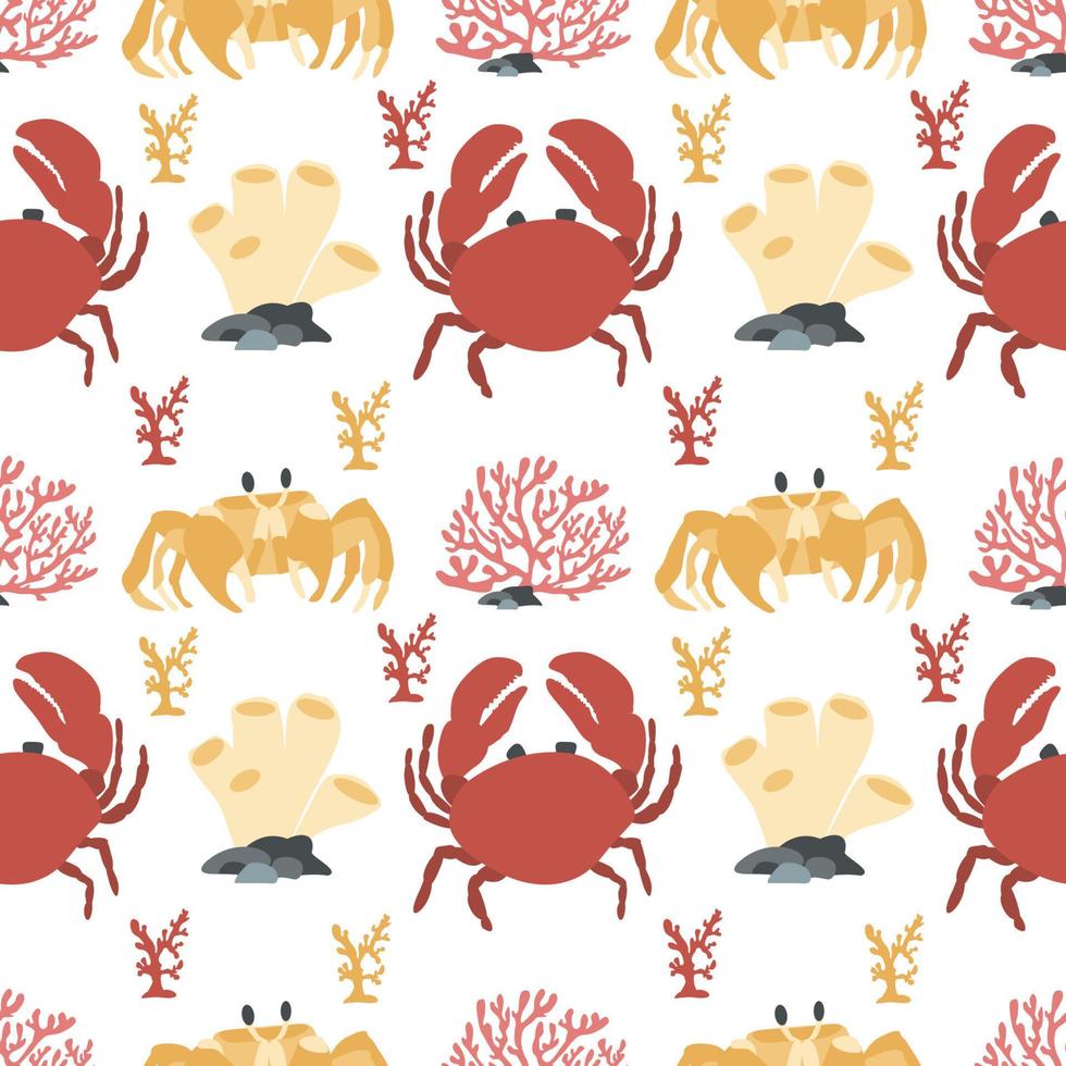 Seamless pattern with crab, corals, shells, seaweed, squid, starfish, lobster, zebra lionfish. Vector design of sea life for fabric, textile, wallpaper, print