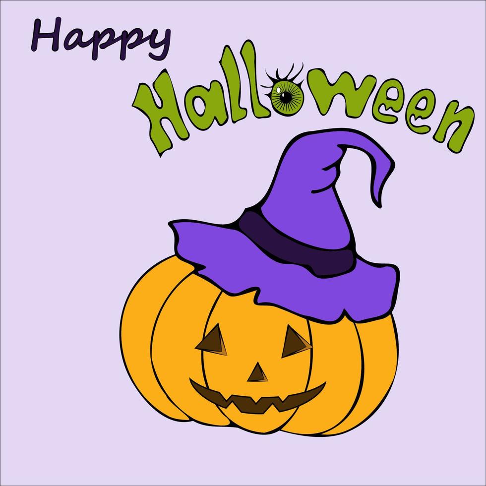 ilustración vectorial postal, cartel para halloween. calabaza en un sombrero. letras. vector
