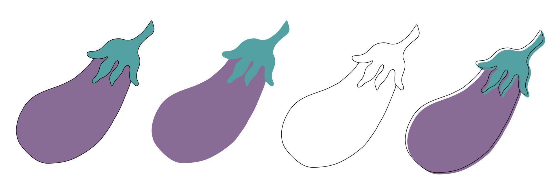 Aubergine vegetable, eggplant isolated sketch. Vector purple vegetable, whole brinjal edible fruit. Cartoon eggplant