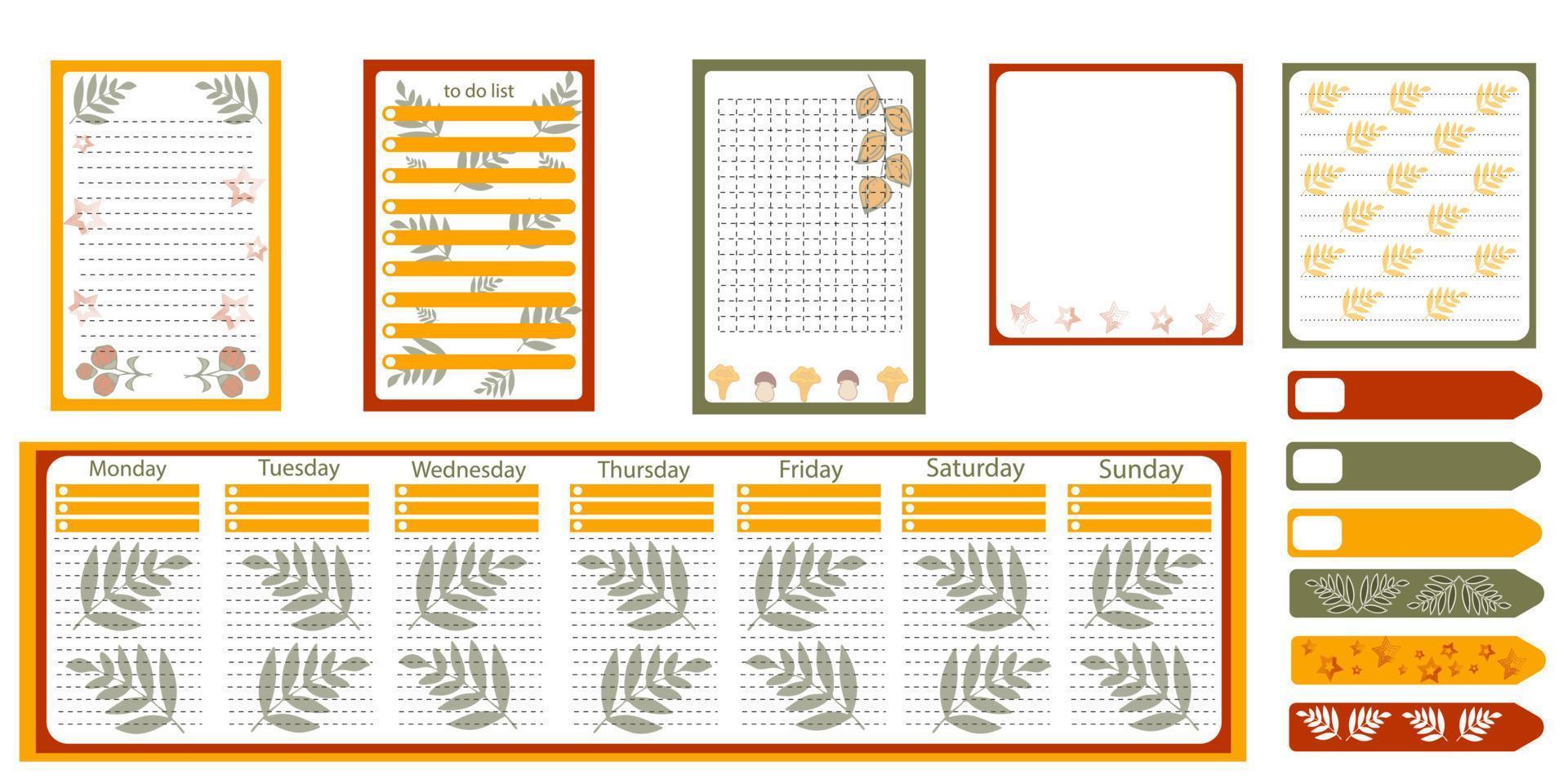 colección de plantillas de programación semanal o diaria, papel de notas, lista de tareas pendientes, pegatinas y marcadores. vector. motivos de otoño. vector