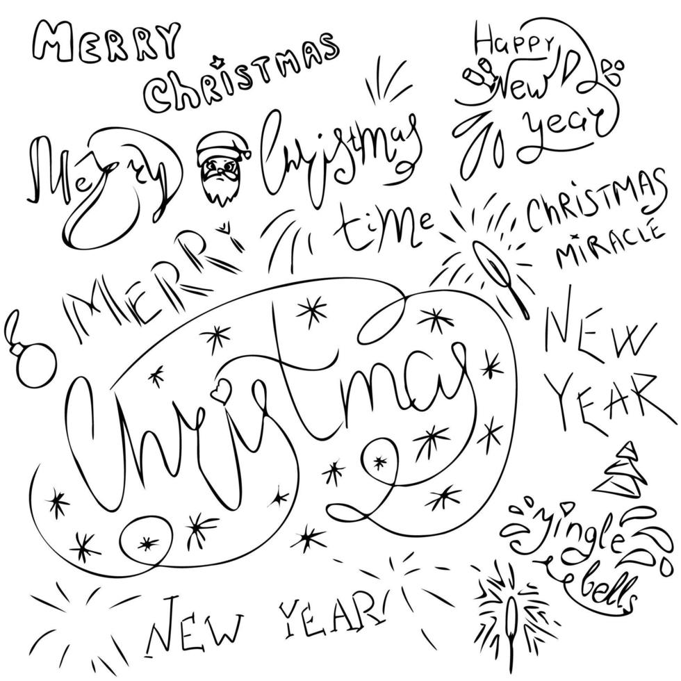 plantilla de tarjeta de felicitación de diseño tipográfico de navidad. ilustración vectorial letras, garabatos. feliz navidad, tiempo de navidad y milagro, año nuevo, cascabeles vector