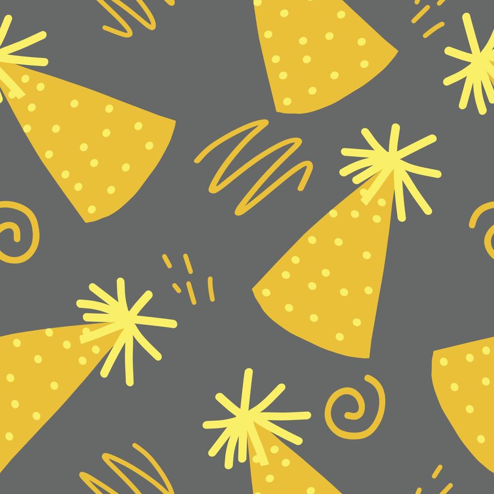 sombrero de fiesta y garabatos de patrones sin fisuras. vector dibujado a mano. papel pintado, papel de regalo, textiles. cumpleaños, año nuevo, colores de moda de vacaciones 2021, amarillo, oro