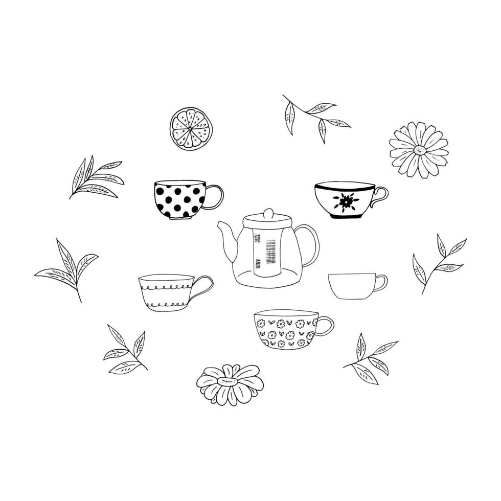 cups and teapots set hand drawn in doodle style. vector, minimalism, monochrome, scandinavian. icon, sticker vector