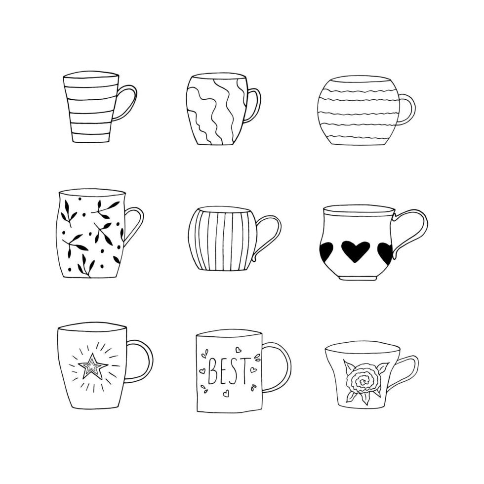 cups set hand drawn in doodle style. vector, minimalism, monochrome, scandinavian. icon sticker vector