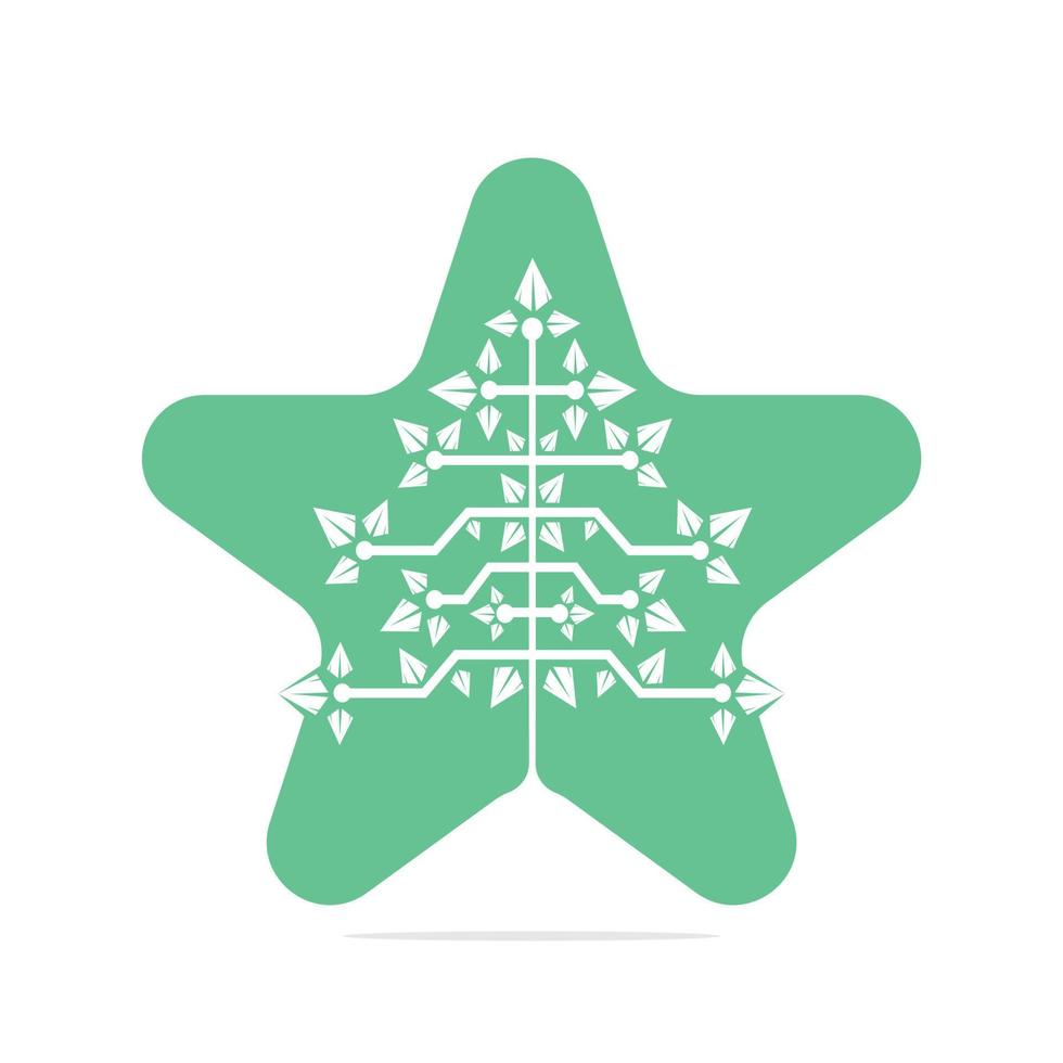 logo del árbol de navidad digital estrella. diseño de plantilla de vector de árbol de triángulo técnico.