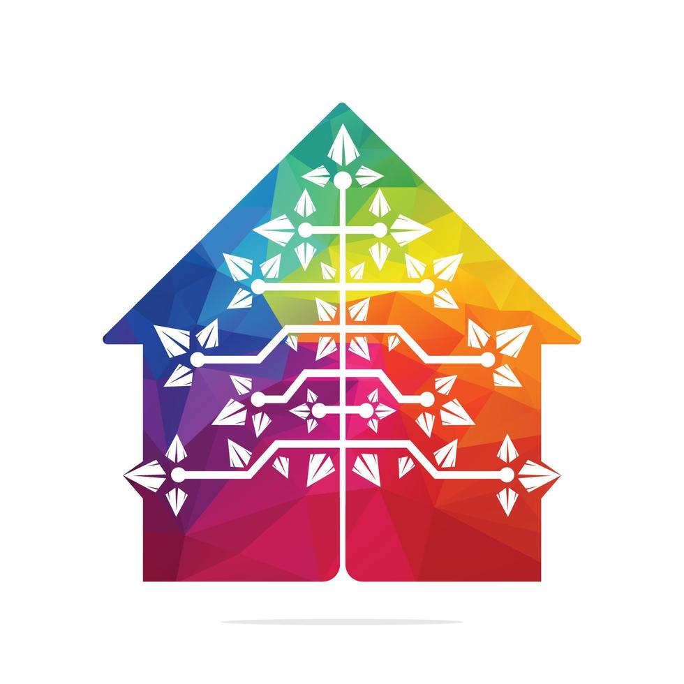 logo del árbol de navidad digital en casa. diseño de plantilla de vector de árbol de triángulo técnico.