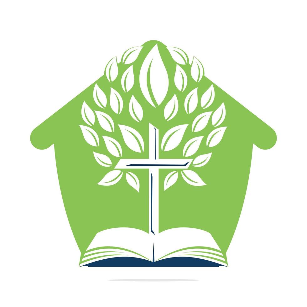 Church In Home, Bible Cross Tree Logo Design. Christian Church Tree Cross Vector Template Design.