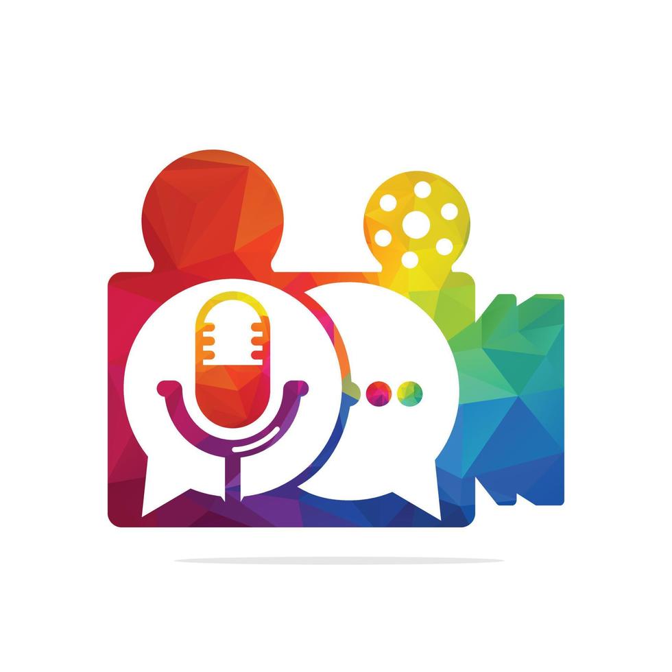 Podcast talk video vector logo design. Movie Chat logo design combined with podcast mic.