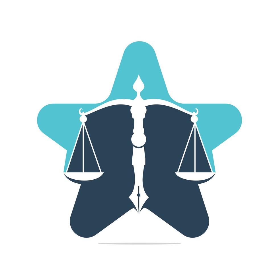 vector del logotipo de la ley estelar con equilibrio judicial simbólico de la escala de justicia en una pluma. equilibrio de estrella con diseño de plantilla de vector de punta de pluma.