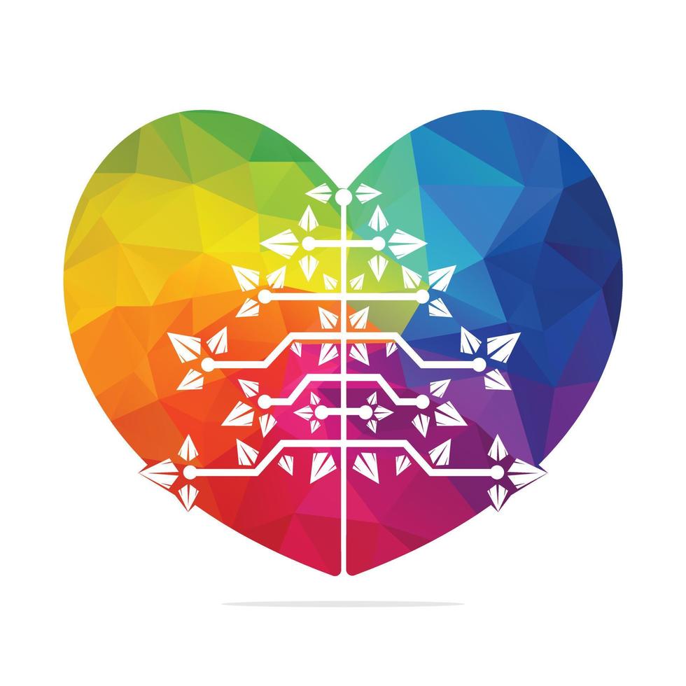 Love Digital Christmas tree logo. Technical Triangle Tree Vector Template Design.