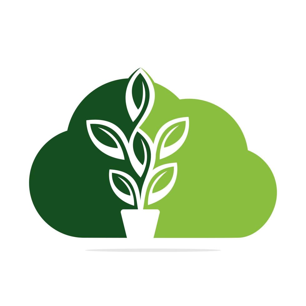 Cloud Flowers Pot and Plant Pot Vector Illustration Design. Green Tree Pot on cloud Logo Design.