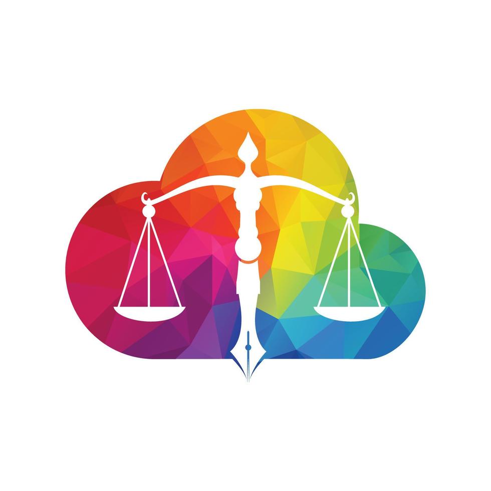 vector de logotipo de nube de ley con equilibrio judicial simbólico de escala de justicia en una pluma. equilibrio de nube con diseño de plantilla de vector de punta de pluma.