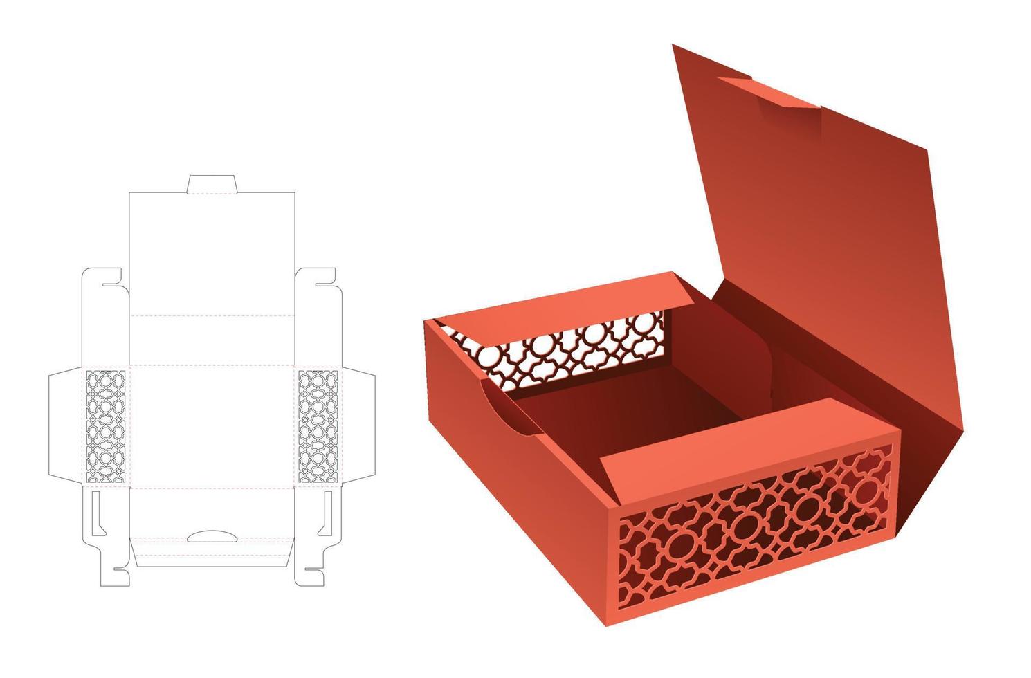 folding cake box with stenciled striped pattern die cut template and 3D mockup vector