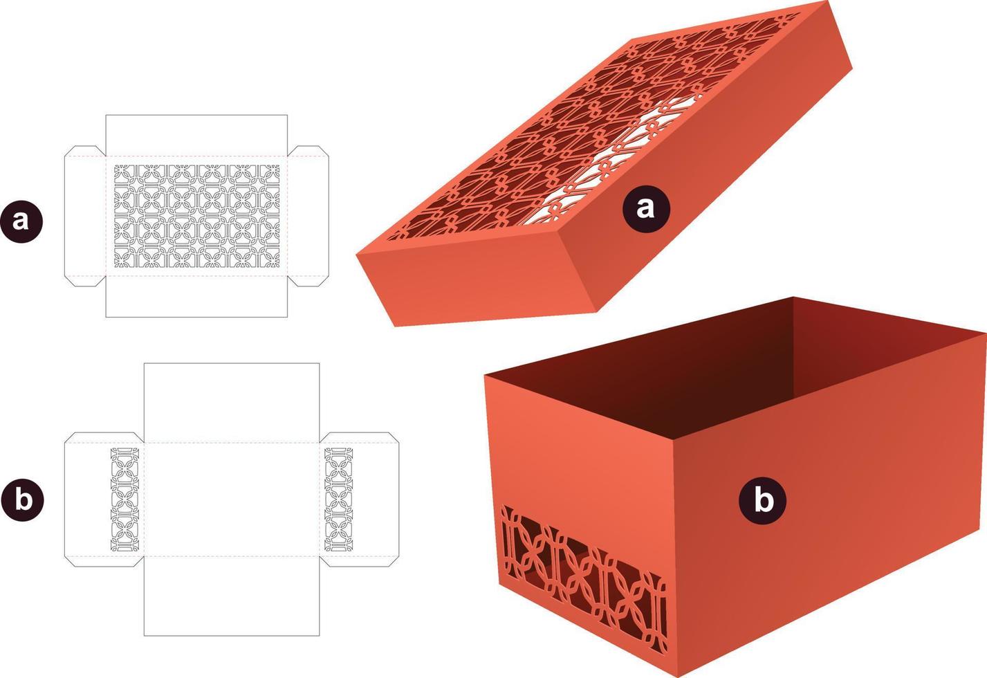 stenciled pattern box with lid die cut template and 3D mockup vector