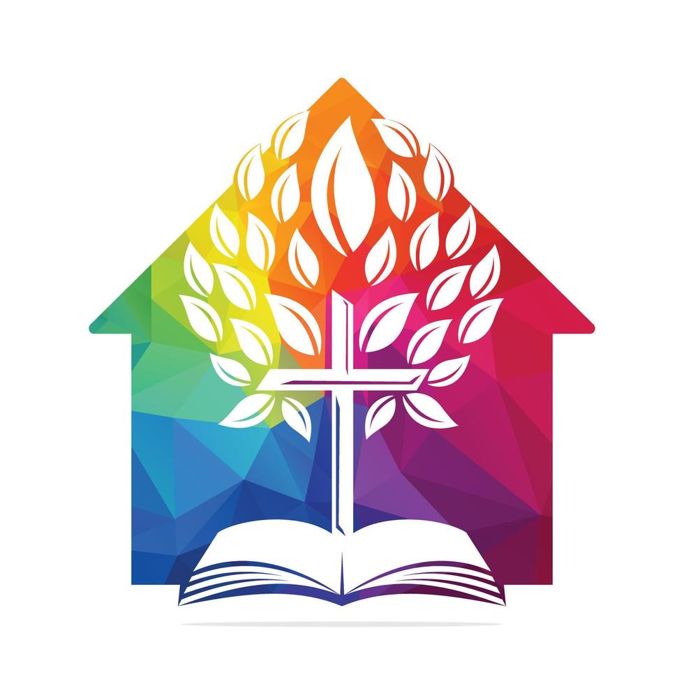 iglesia en casa, diseño del logotipo del árbol cruzado de la biblia. diseño de plantilla de vector de cruz de árbol de iglesia cristiana.