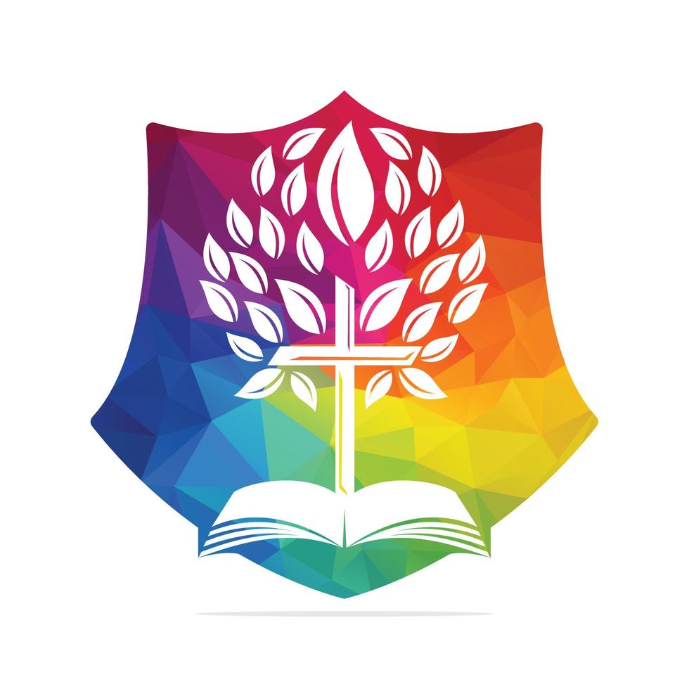 Bible Cross Tree Logo Design. Christian Church Tree Cross Vector Template Design.