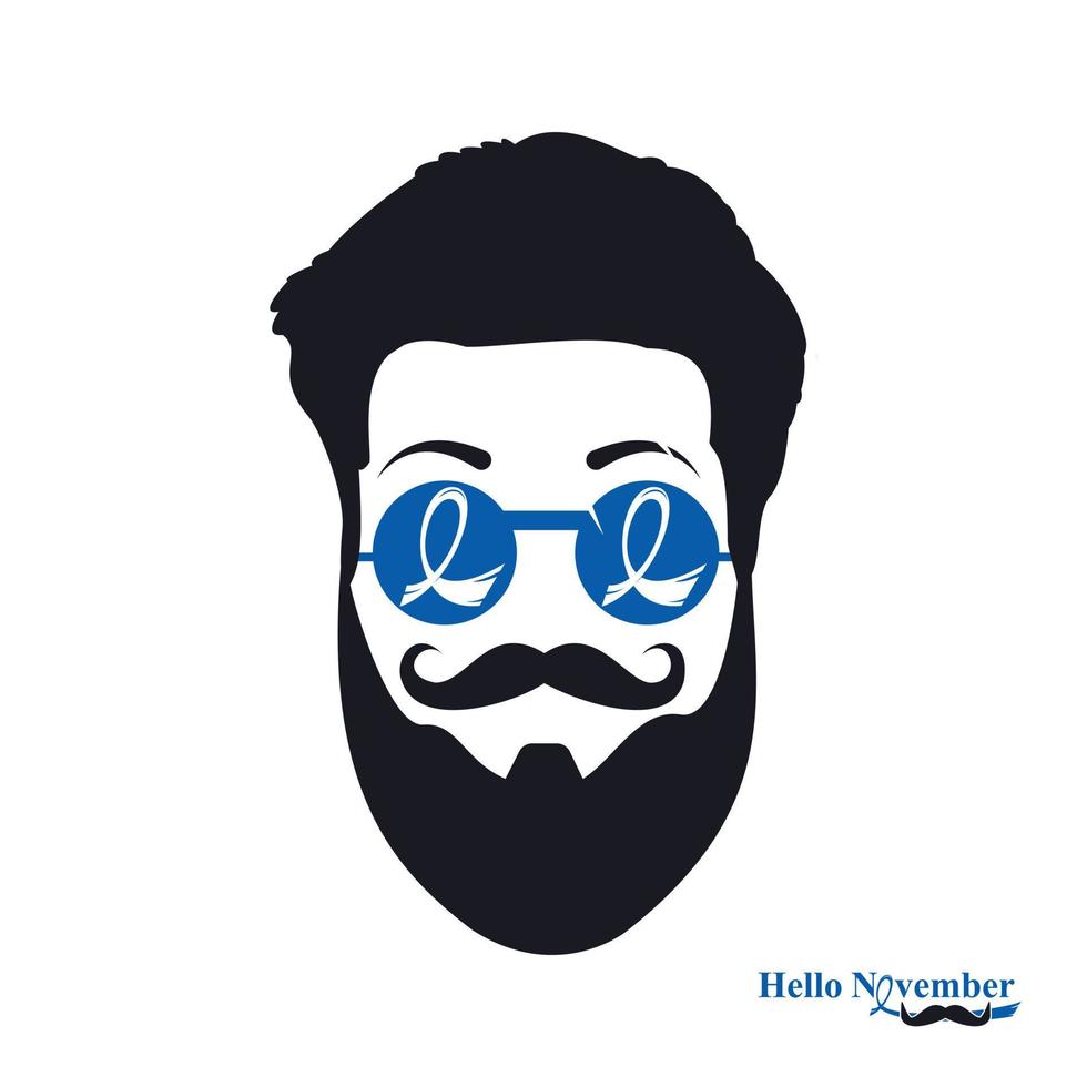 hombre con gafas azules y signo de cinta de conciencia. hola diseño de plantilla vectorial de concienciación sobre el cáncer de noviembre. diseño vectorial de bigote. vector