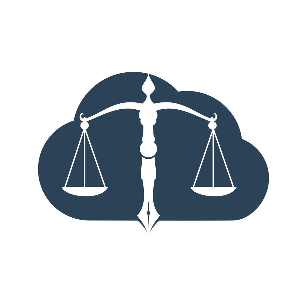 vector de logotipo de nube de ley con equilibrio judicial simbólico de escala de justicia en una pluma. equilibrio de nube con diseño de plantilla de vector de punta de pluma.
