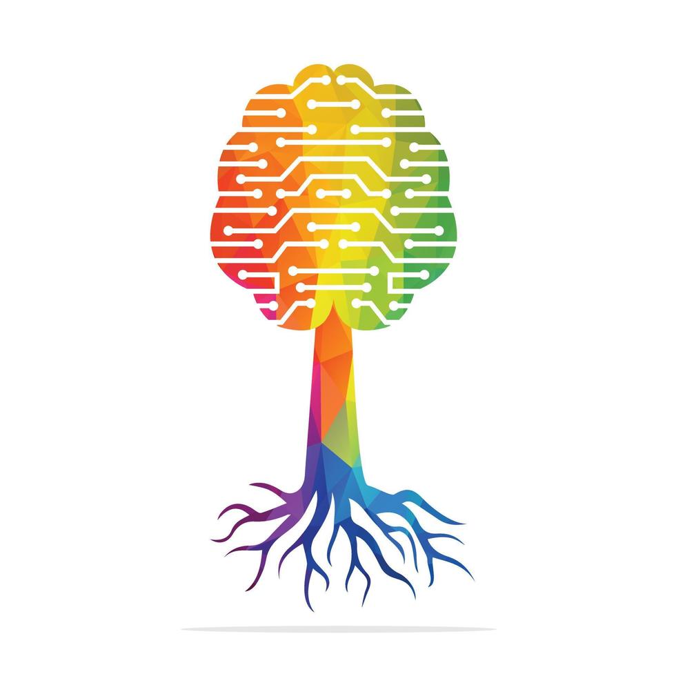 diseño del logotipo de las raíces del árbol del cerebro digital. digital y red, concepto de logotipo de tecnología. vector