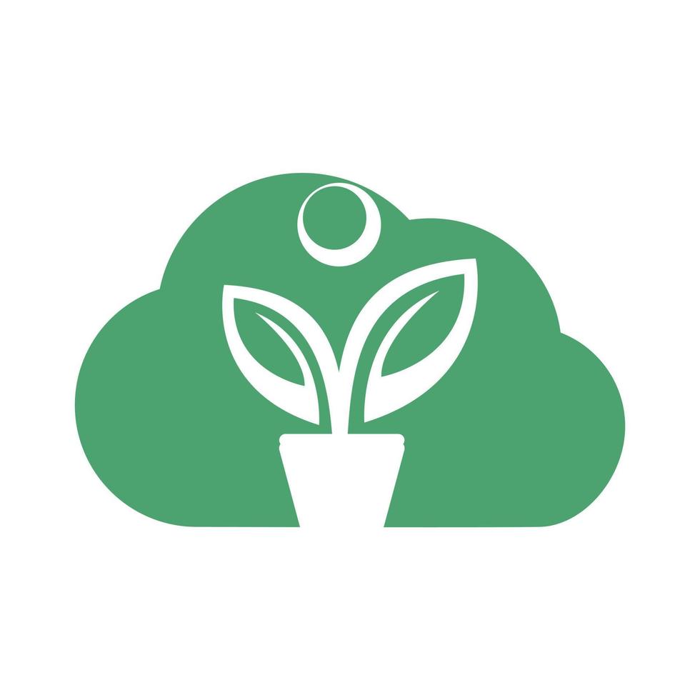 maceta de flores y logotipo de la planta en la nube. logotipo del vector de crecimiento humano.