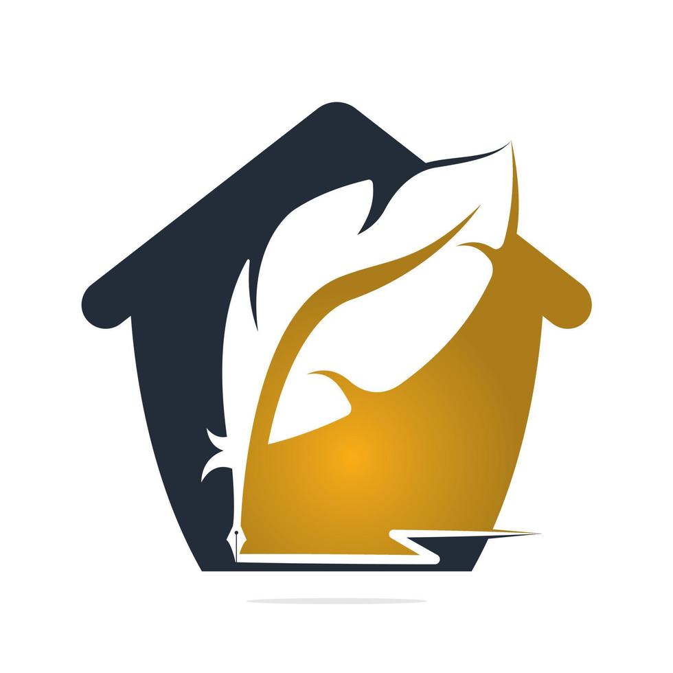 Quill Feather Pen logo with home shape vector design. Writer icon flat style design with color for identity, business and button.
