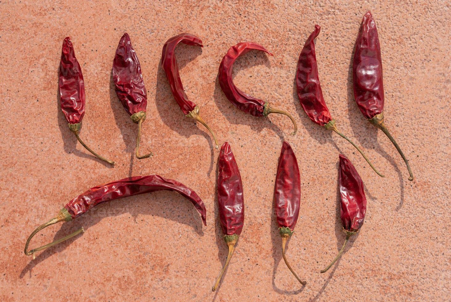 Many dried red and hot pepperoni pods lie next to each other on a stone floor to dry photo