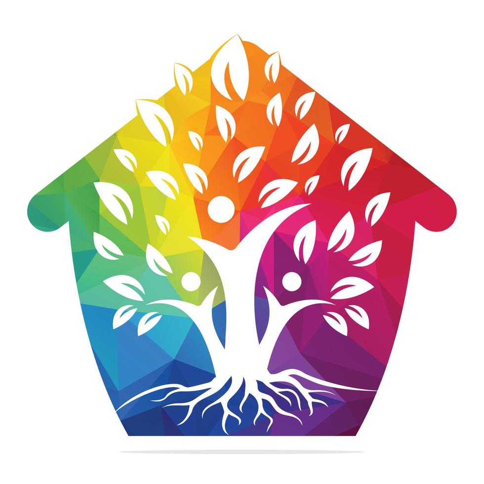 árbol genealógico y raíces en el diseño del logotipo de la forma del hogar. diseño del logotipo del icono del símbolo de la casa del árbol genealógico vector
