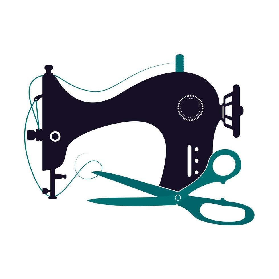 Sewing machine and scissors silhouette for sewing. Vintage stitching machine icon for web design isolated on white background. vector