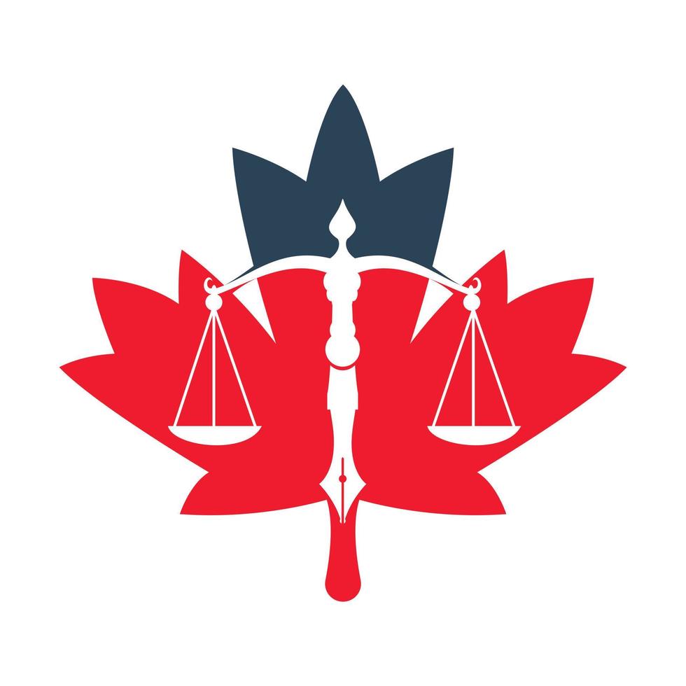 Maple Leaf Law logo vector with judicial balance symbolic of justice scale in a pen nib. Canadian Leaf Balance with Pen Nib vector template design.