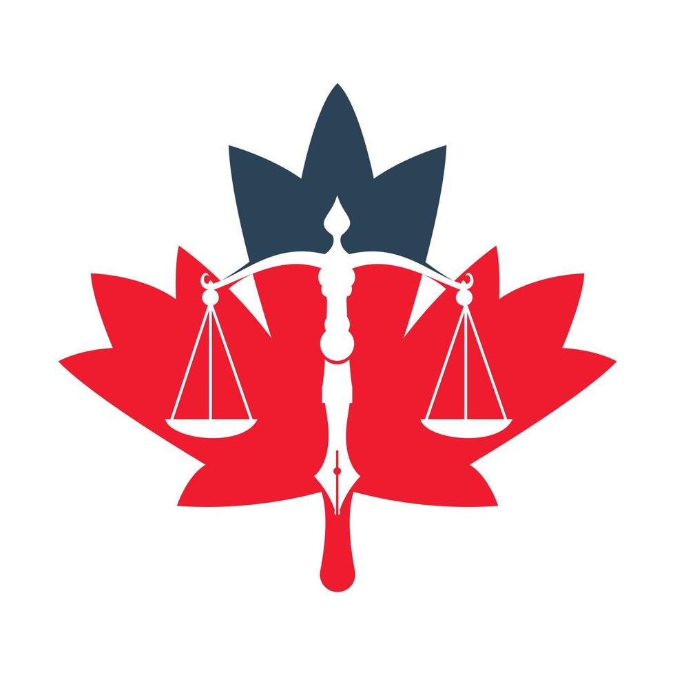 vector del logotipo de la ley de la hoja de arce con equilibrio judicial simbólico de la escala de justicia en un plumín. Equilibrio de hoja canadiense con diseño de plantilla de vector de punta de pluma.