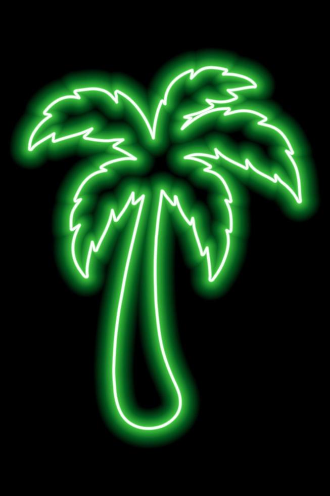 contorno de neón verde de palmera sobre un fondo negro. descansar, viajar, vacaciones. ilustración del icono vector