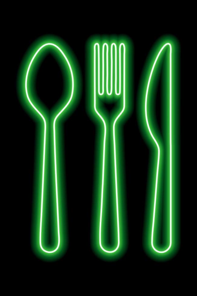 Neon green shapes of spoon, fork and table khife on a black background. Set of cutlery vector