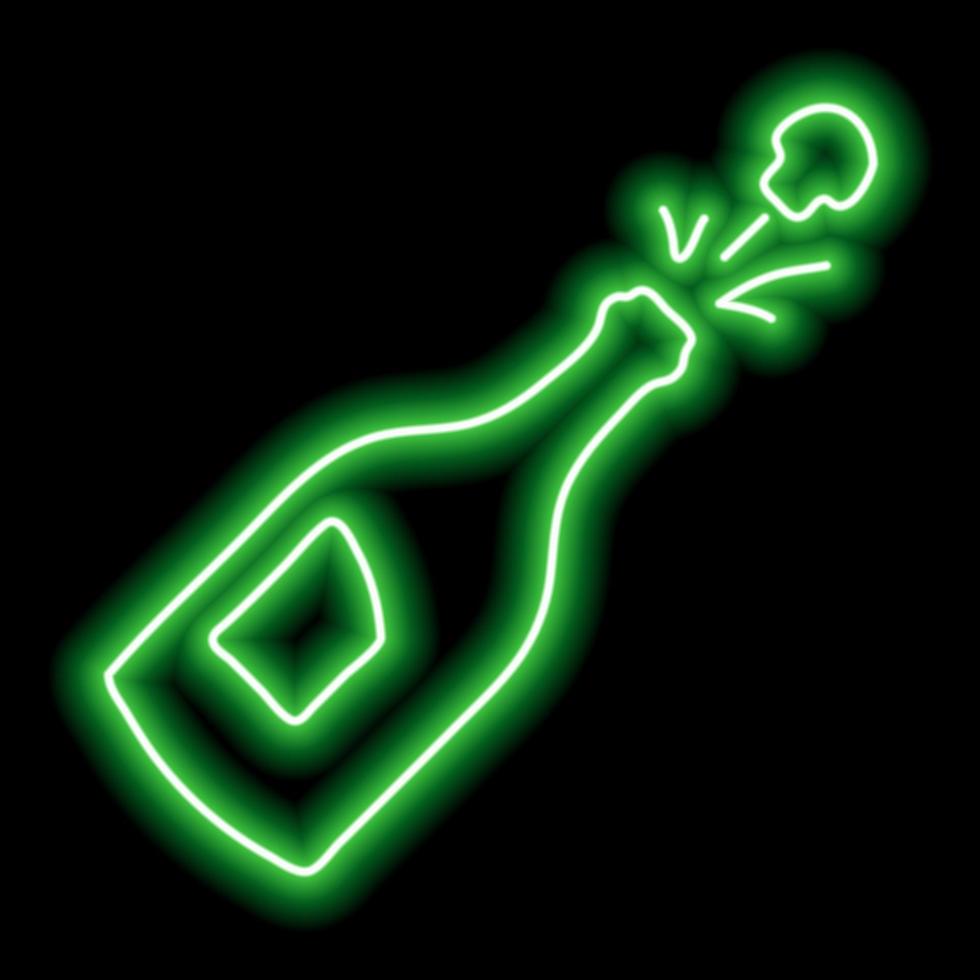 Abra una botella de champán con un corcho volador. contorno verde neón sobre un fondo negro. ilustración vector