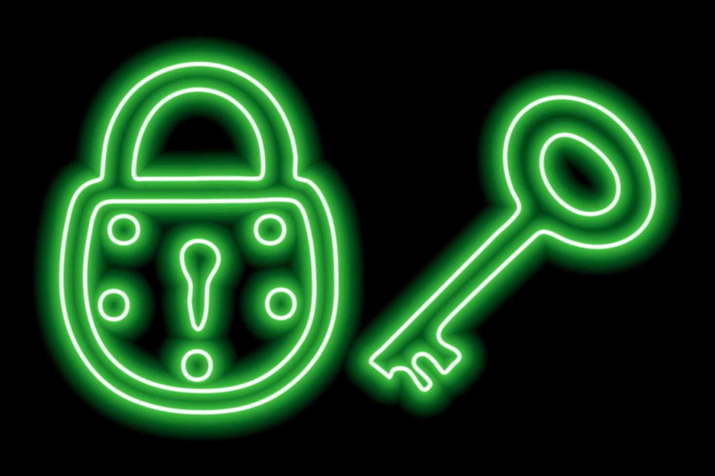 Neon outline of padlock and key on a black background. The concept of privacy, security, preservation vector
