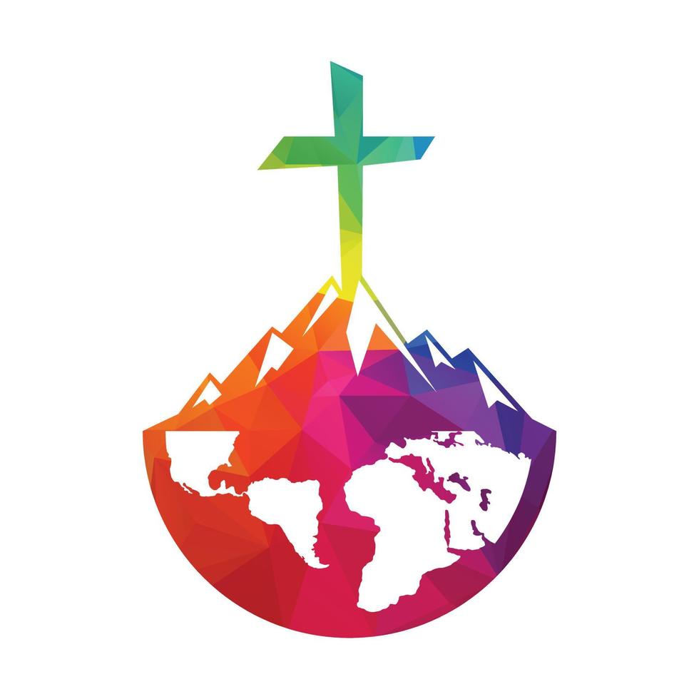 Christine cross on mountain logo design. Cross on globe mountain vector illustration design.