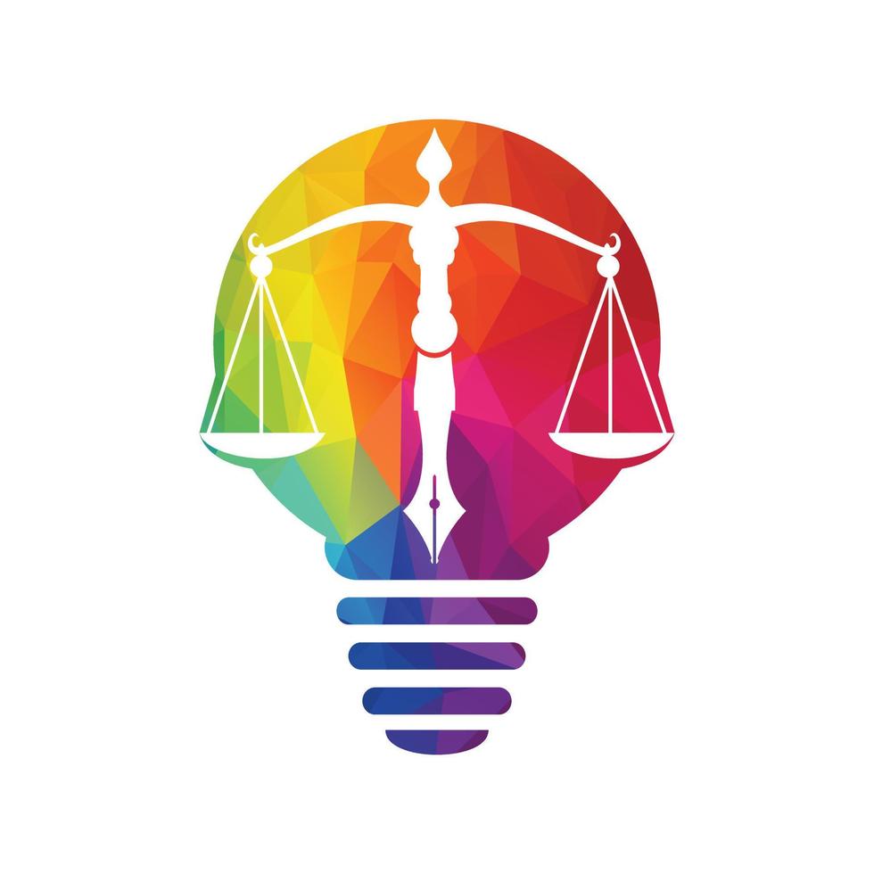 Law Bulb Lamp logo vector with judicial balance symbolic of justice scale in a pen nib. Light Of Law Balance with Pen Nib vector template design.