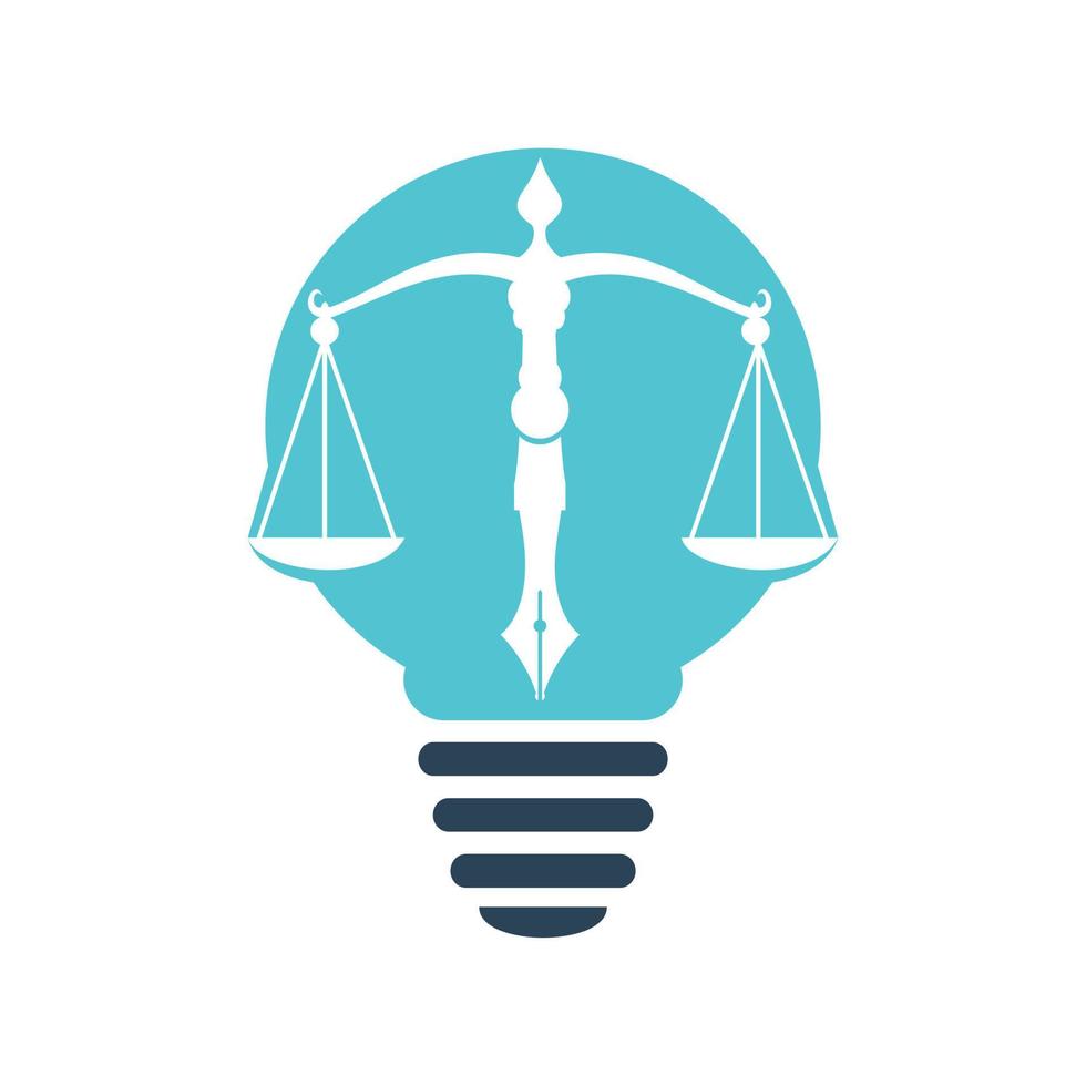 Law Bulb Lamp logo vector with judicial balance symbolic of justice scale in a pen nib. Light Of Law Balance with Pen Nib vector template design.