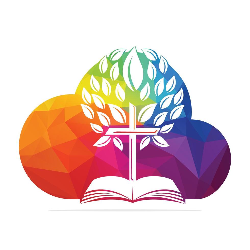 diseño del logotipo del árbol cruzado de la biblia en la nube. diseño de plantilla de vector de cruz de árbol de iglesia cristiana.