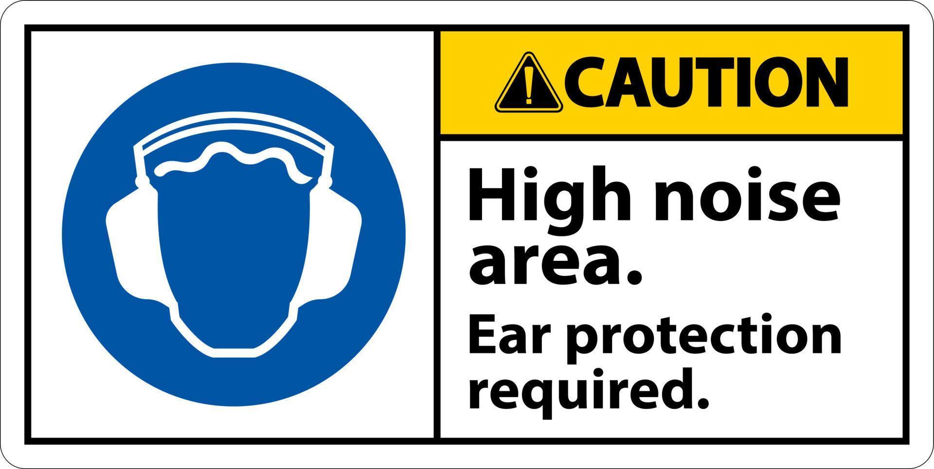 Precaución requiere protección para los oídos firmar sobre fondo blanco. vector