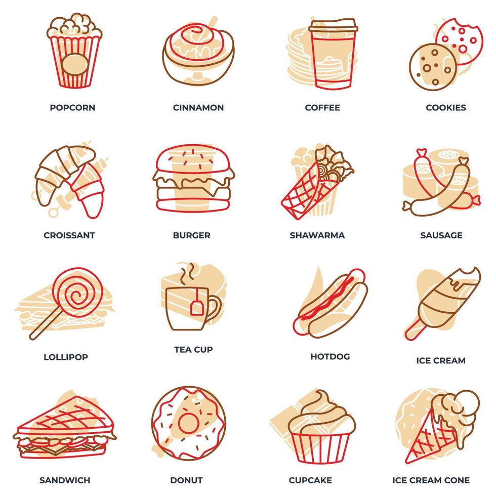 Set of fast food icon logo vector illustration. ice cream, popcorn, donut, cookies, cinnamon, hotdog, tea cup and more pack symbol template for graphic and web design collection