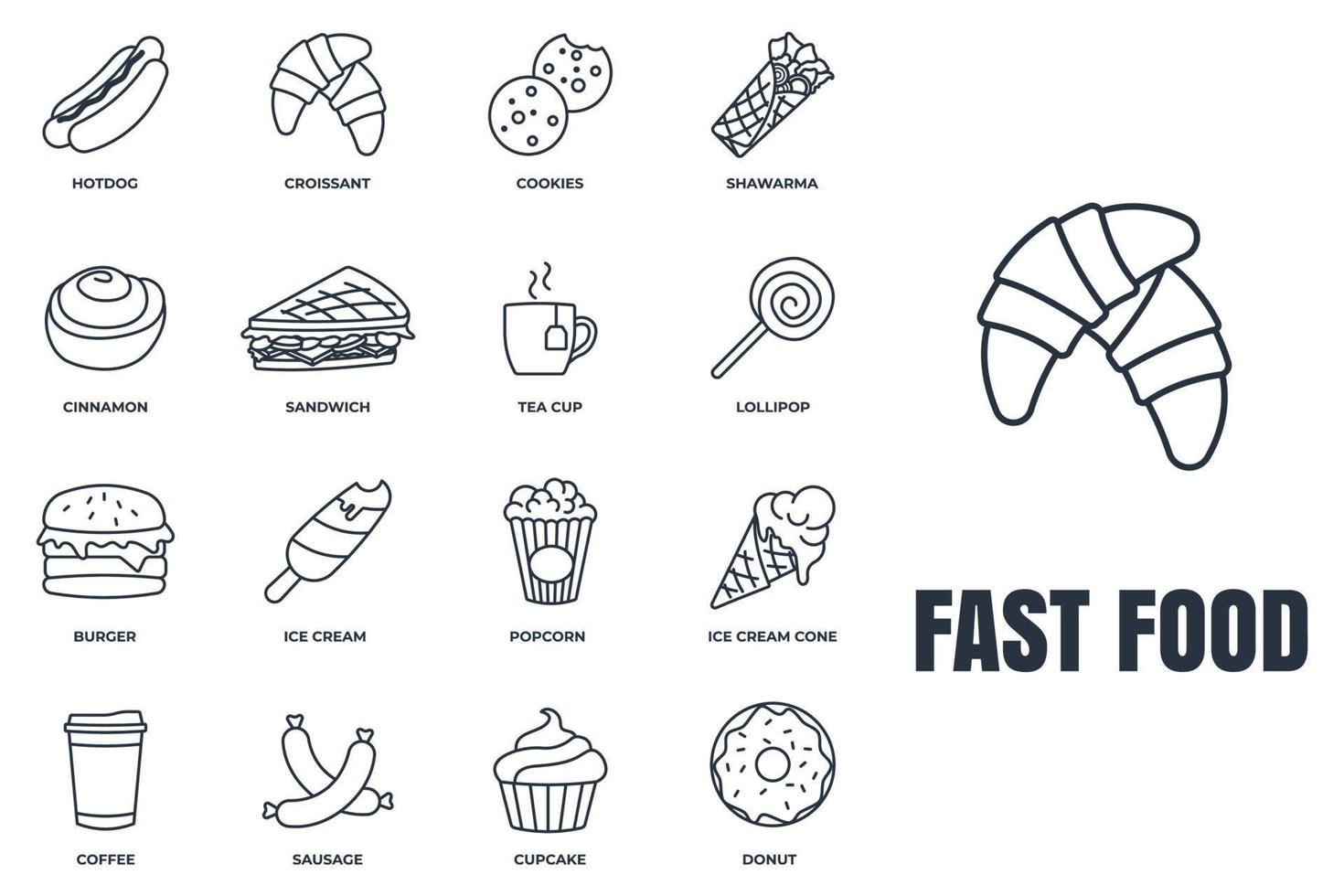 conjunto de ilustración de vector de logotipo de icono de comida rápida. helado, palomitas de maíz, donas, galletas, canela, perrito caliente, taza de té y más plantilla de símbolo de paquete para la colección de diseño gráfico y web