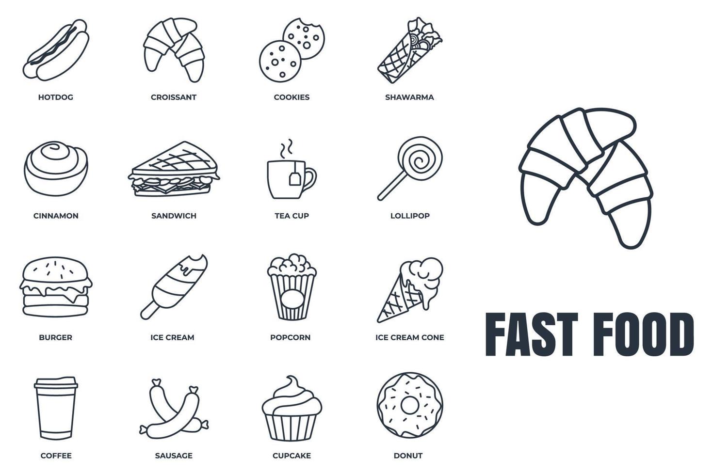 Set of fast food icon logo vector illustration. ice cream, popcorn, donut, cookies, cinnamon, hotdog, tea cup and more pack symbol template for graphic and web design collection