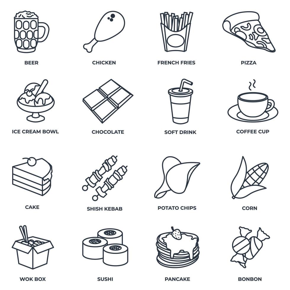Set of fast food icon logo vector illustration. chocolate bar, soft drink, coffee cup, wok box, sushi, pancake, bonbon and more pack symbol template for graphic and web design collection